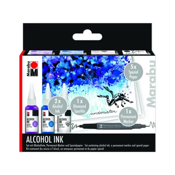 Marabu ALCOHOL INK alkoholos tinta 3*20ml – élénk színű alkoholos tinta víz téma filctollal és 5ív A6 speciális papírral Marabu ALCOHOL INK alkoholos tinta 3*20ml – élénk színű alkoholos tinta víz téma filctollal és 5ív A6 speciális papírral