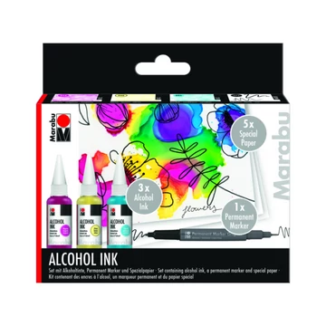 Marabu ALCOHOL INK alkoholos tinta 3*20ml – élénk színű alkoholos tinta virágok téma filctollal és 5ív A6 speciális papírral