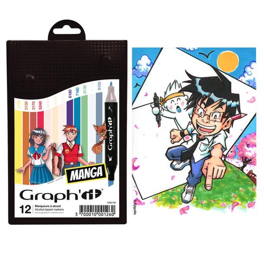 GRAPH'IT kétvégű (vágott/normál) alkoholos filctoll manga 12db