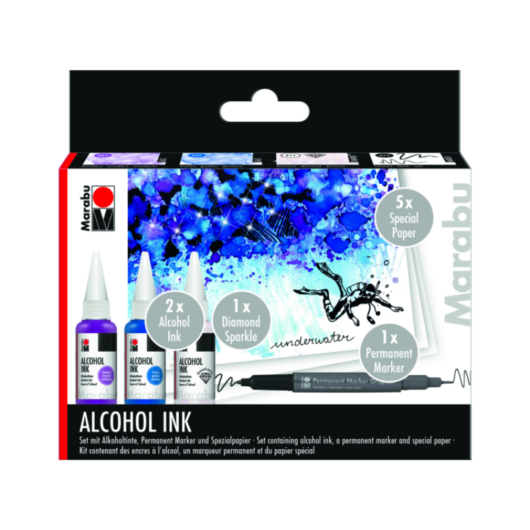 Marabu ALCOHOL INK alkoholos tinta 3*20ml víz téma filctollal és 5ív A6 speciális papírral